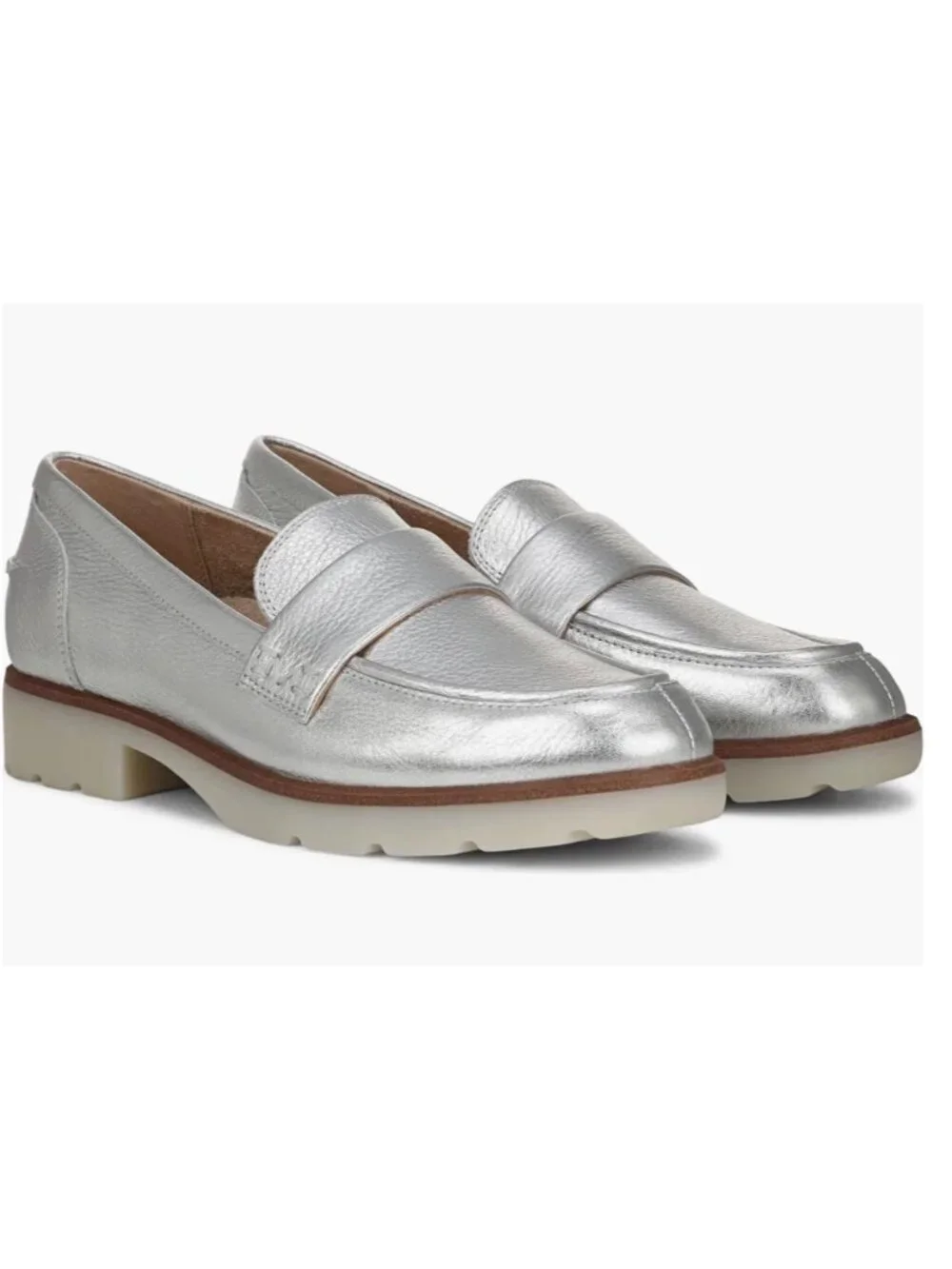 Vionic Cleo Loafers 8.5 Silver Metallic Orthotic Arch Support Leather Classic